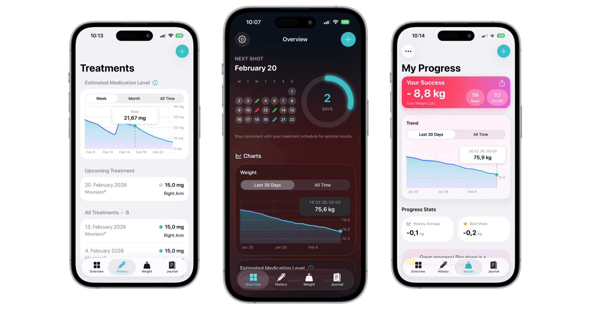 Velto GLP-1 tracker app screens
